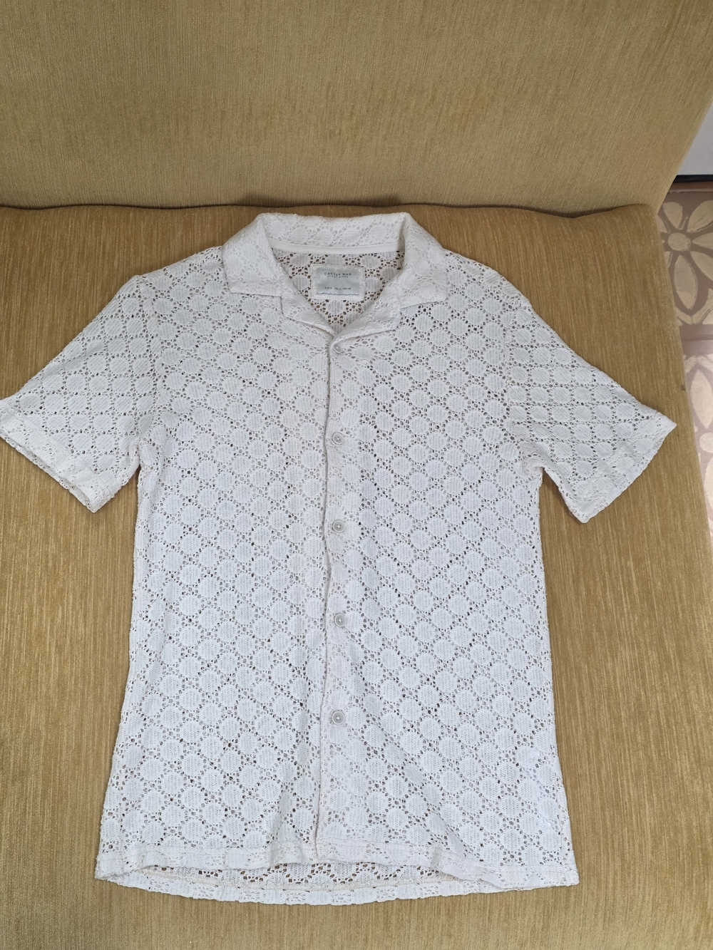 Men's White Crochet Short-Sleeve Button-Front Shirt
